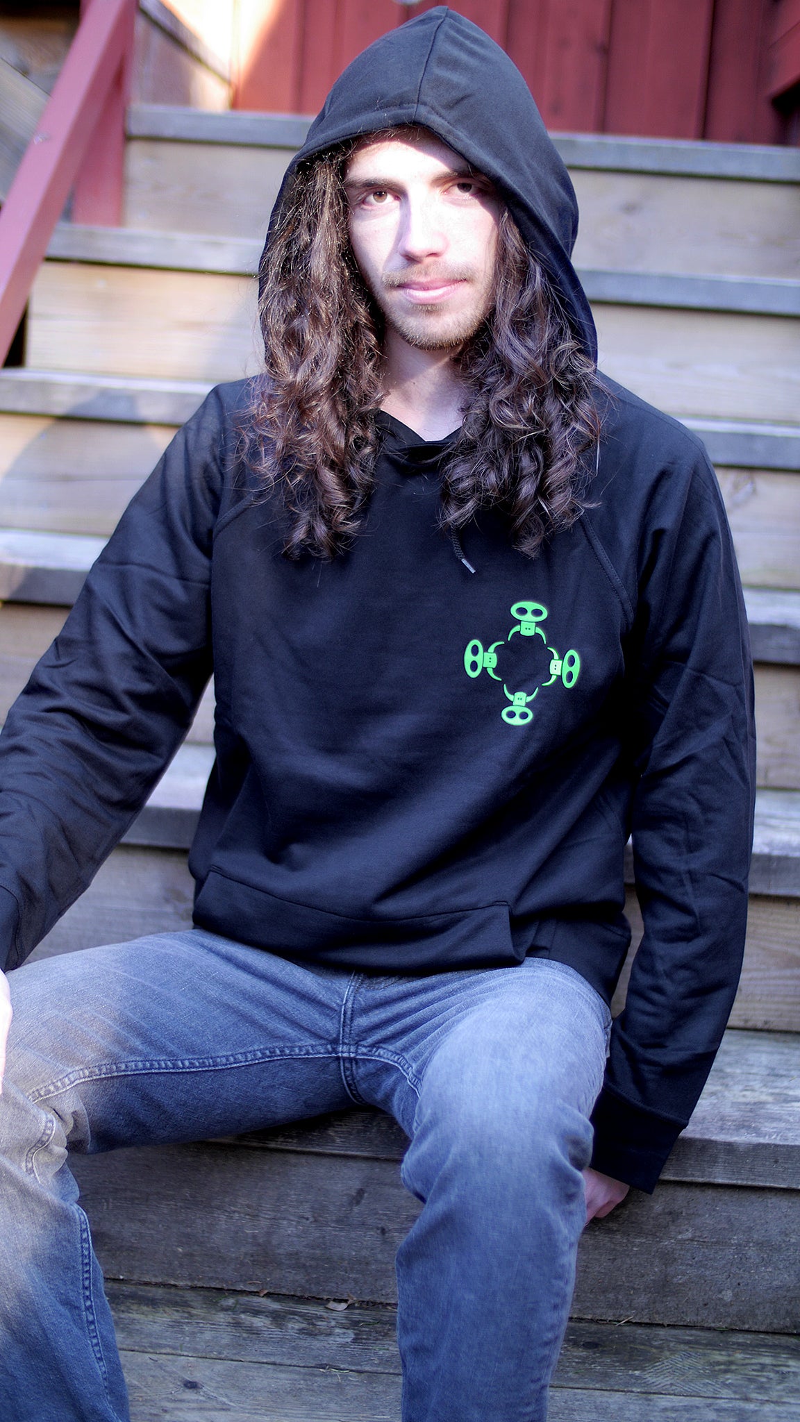 Black hoodie no zipper - green cow print